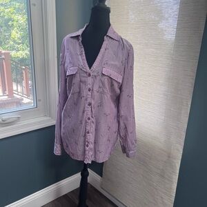 New York & Company Purple Striped Floral Blouse